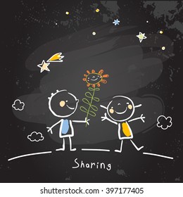 Kids Sharing Flowers, Friends. Vector Concept Drawing, Chalk On Chalkboard Sketch, Doodle. 