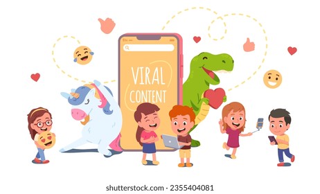 Niños compartiendo contenido viral en medios sociales por teléfono. Niñas, niños niños personas a las que les gusta el contenido de internet en teléfonos inteligentes móviles. Concepto de marketing publicitario de contenido viral ilustración vectorial plana