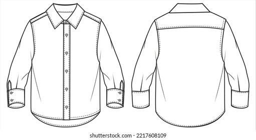 Dibujo plano de dibujo de moda de diseño superior de Shirt para niños modelo de ilustración vectorial con vista frontal y posterior, Camisa tejida para bebé niño pequeño