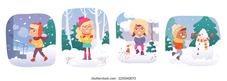 Kids shiver in cold winter weather set vector illustration. Cartoon boys and girls shivering outdoors, child freezing in frozen season, children with hypothermia problem during low temperature