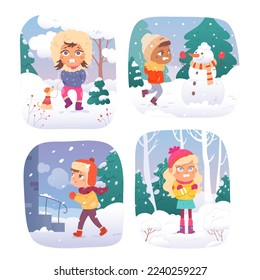 Kids shiver in cold winter weather set vector illustration. Cartoon boys and girls shivering outdoors, child freezing in frozen season, children with hypothermia problem during low temperature