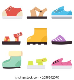 Kids Shoes For Baby Boy And Girls Set. Children's Sneakers, Sandals And Boots Vector Cartoon Flat Icons Isolated On White Background.