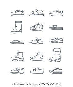 Kids shoes collection. Basic types of footwear for children. Sneakers, sandals, boots, ballet flats, loafers, slippers. Simple line icons for kids clothing shop. Outline pictograms, editable stroke