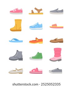 Kids shoes collection. Basic types of footwear for children. Sneakers, sandals, boots, ballet flats, loafers, slippers. Simple color flat icons for kids clothing shop. Side view pictograms, isolated