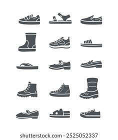 Kids shoes collection. Basic types of footwear for children. Sneakers, sandals, boots, ballet flats, loafers, slippers. Simple solid silhouette icons for kids clothing shop. Side view pictograms