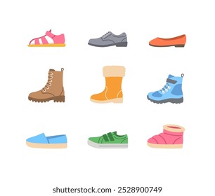 Kids shoes collection. Basic types of footwear for children. Sneakers, sandals, winter boots, ballet flats, espadrilles. Simple color flat icons for kids clothing shop. Side view pictograms, isolated