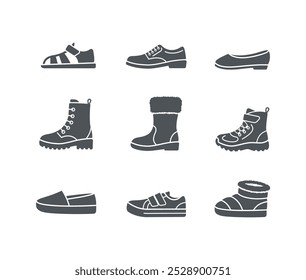 Kids shoes collection. Basic types of footwear for children. Sneakers, sandals, winter boots, ballet flats, espadrilles. Simple solid silhouette icons for kids clothing shop. Side view pictograms