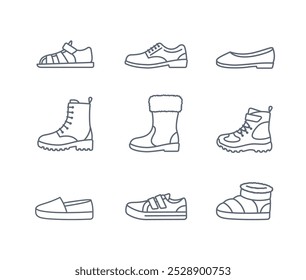 Colección de zapatos para niños. Tipos Básicos de calzado para niños. Zapatillas, sandalias, botas de invierno, bailarinas, alpargatas. Iconos de línea simples para la tienda de ropa de los niños. Pictogramas de contorno, trazo editable