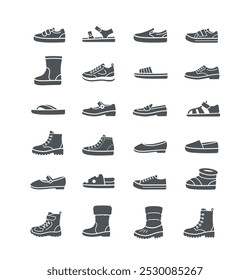 Kids shoes collection. Basic types of footwear for children. Sneakers, sandals, boots, ballet flats, loafers, slippers. Simple solid silhouette icons for kids clothing shop. Side view pictograms