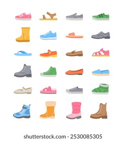 Kids shoes collection. Basic types of footwear for children. Sneakers, sandals, boots, ballet flats, loafers, slippers. Simple color flat icons for kids clothing shop. Side view pictograms, isolated