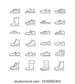 Kids shoes collection. Basic types of footwear for children. Sneakers, sandals, boots, ballet flats, loafers, slippers. Simple line icons for kids clothing shop. Outline pictograms, editable stroke