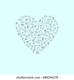 Kids shoes, set, collection of fashion footwear, poster in shape of heart. Baby, girl, boy, child, childhood. Vector design isolated illustration. Black outlines, blue background