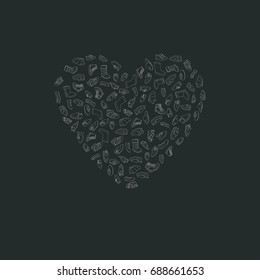 Kids shoes, set, collection of fashion footwear, poster in shape of heart. Baby, girl, boy, child, childhood. Vector design isolated illustration. Chalk outlines, dark background