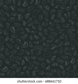 Kids shoes, set, collection of fashion footwear, seamless pattern. Baby, girl, boy, child, childhood. Vector design isolated illustration. Chalk outlines, dark background