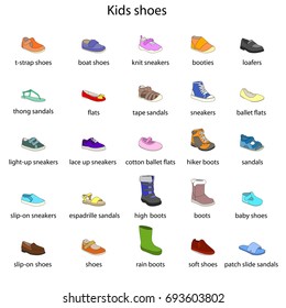 Kids Shoes, Set, Collection Of Fashion Footwear With Names. Baby, Girl, Boy, Child, Childhood. Vector Design Isolated Illustration. Black Outlines, Colored Images, Blue Background.