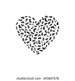 Kids shoes, set, collection of fashion footwear, poster in shape of heart. Baby, girl, boy, child, childhood. Vector design isolated illustration. White outlines, black silhouettes, white background