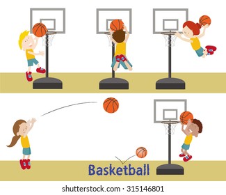 Kids Shooting A Basketball Into Basketball Hoops.
