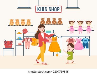 Kids Shop Building Template Hand Drawn Cartoon Flat Style Illustration with Children Equipment such as Clothes or Toys for Shopping Concept