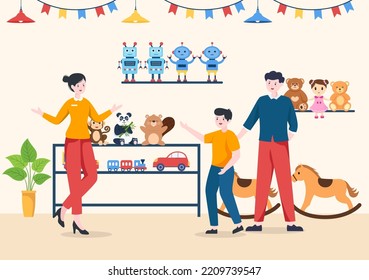 Kids Shop Building Template Hand Drawn Cartoon Flat Style Illustration with Children Equipment such as Clothes or Toys for Shopping Concept