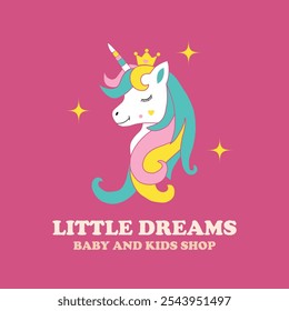 Logo de la tienda de los niños con el unicornio rosado Signo lindo del jardín de infantes Pequeños sueños