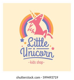 Kids shop logo with pink unicorn. Cute kindergarten sign.