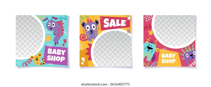 Kids Shop sale square post banners. Template set with cute kawaii monster characters. Promotional banner for social media post for banners and flyers. Vector cartoon illustration