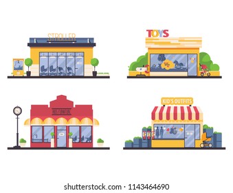 Kids shop store front collection. Vector flat set with shops for families and kids like furniture boutique, clothes, toys, stroller. Small local business buildings