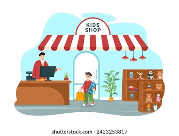 Niños compran ilustraciones vectoriales con niños y niñas Equipo como ropa o juguetes para concepto de compras en fondo plano de caricatura