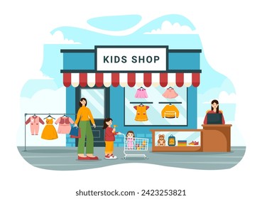 Kids Shop Vector Illustration with Boys and Girls Children Equipment such as Clothes or Toys for Shopping Concept in Flat Cartoon Background