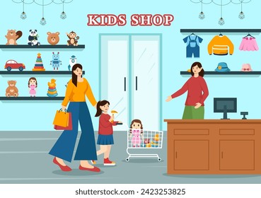 Kids Shop Vector Illustration with Boys and Girls Children Equipment such as Clothes or Toys for Shopping Concept in Flat Cartoon Background