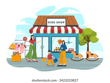 Kids Shop Vector Illustration with Boys and Girls Children Equipment such as Clothes or Toys for Shopping Concept in Flat Cartoon Background