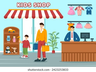 Kids Shop Vector Illustration with Boys and Girls Children Equipment such as Clothes or Toys for Shopping Concept in Flat Cartoon Background