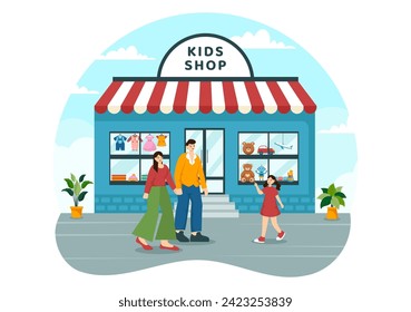 Kids Shop Vector Illustration with Boys and Girls Children Equipment such as Clothes or Toys for Shopping Concept in Flat Cartoon Background