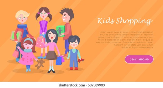 Kids shopping banner. Teenagers make purchases with cartoon flat vector illustration. Kid make purchases on sale andbuying gifts on holiday