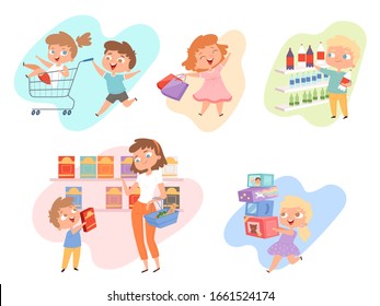 Kids shopping. Children playing in grocery market fashioned family happy kids vector