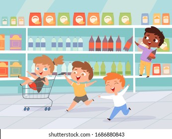 Kids in shopping. Mother with children purchase product active characters vector background