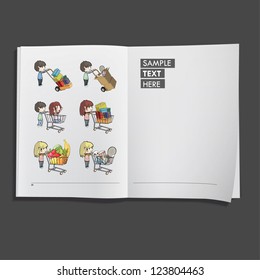  Kids shopping in supermarket printed on white book, Vector design.