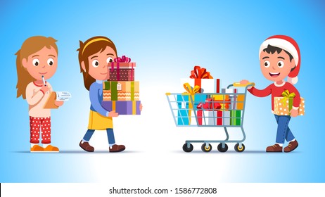 Kids shopping winter holiday presents. Boy pushing shopping cart full of decorated New Year gift boxes. Girl carrying stack of presents purchase checking buy list. Flat character vector illustration