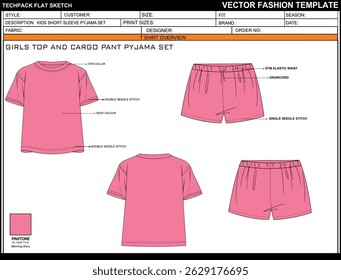 KIDS SHORT SLEEVE TEE PYJAMA SET CAD EDITABLE FLAT TECHKNICAL FASHION SKETCH VECTOR