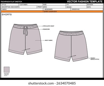 KIDS SHORTS CAD EDITABLE FLAT TECHKNICAL FASHION SKETCH VECTOR MOCKUP