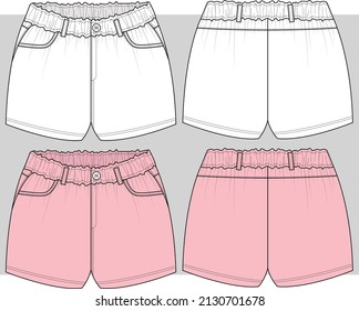 Kids shorts with elastic waist band flat sketch