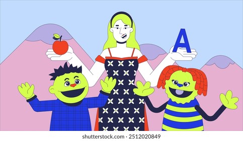 Kids show on TV flat illustration. Human woman and puppets children 2D character cartoon background. Puppetry entertainment on television. Funny educational program scene vector storytelling image