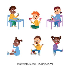 Kids Showing Food Likes and Dislikes Eating Healthy and Unhealthy Food Vector Set