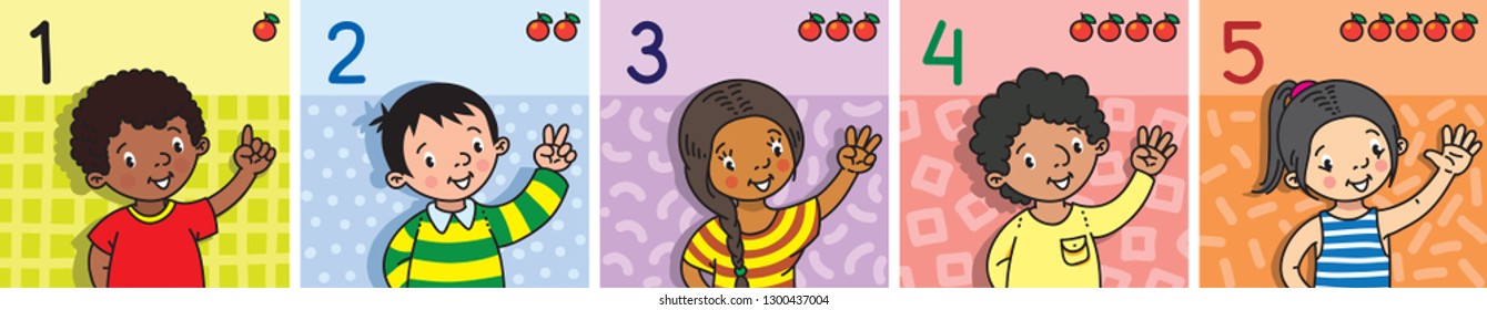 Kids showing numbers 1 to 5 by fingers. Education