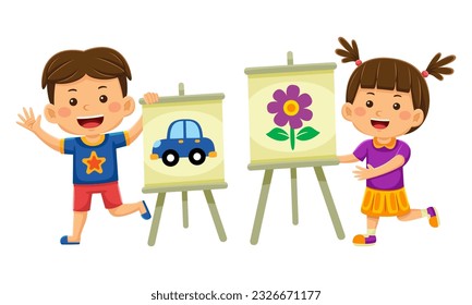 kids showing painting in vector illustration