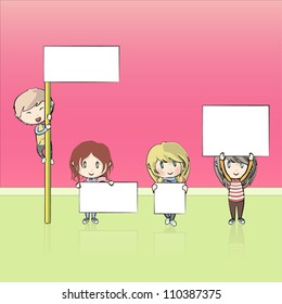  Kids showing placard to write it on your own text. Vector illustration.