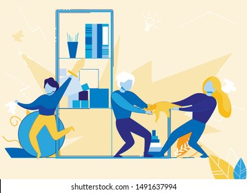 Kids Siblings Fighting over Toy Flat Cartoon Vector Illustartion. Tearing Teddy apart in Kids Room. Girl and Boy Quarreling in Room Interior. Child Running with Sword. Shelves with Books.