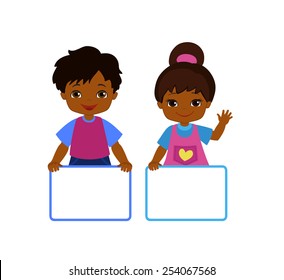 Kids with Signs. Bricht Kids .Frame Board. Clipart. Child meeting frame white board.