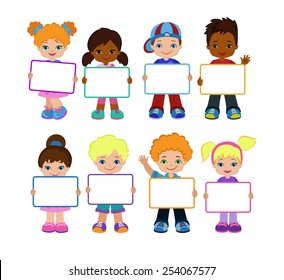 Kids with Signs. Bricht Kids .Frame Board. Clipart. Child meeting frame white board.