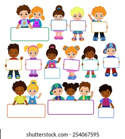 Kids with Signs. Bricht Kids .Frame Board. Clipart. Child meeting frame white board.